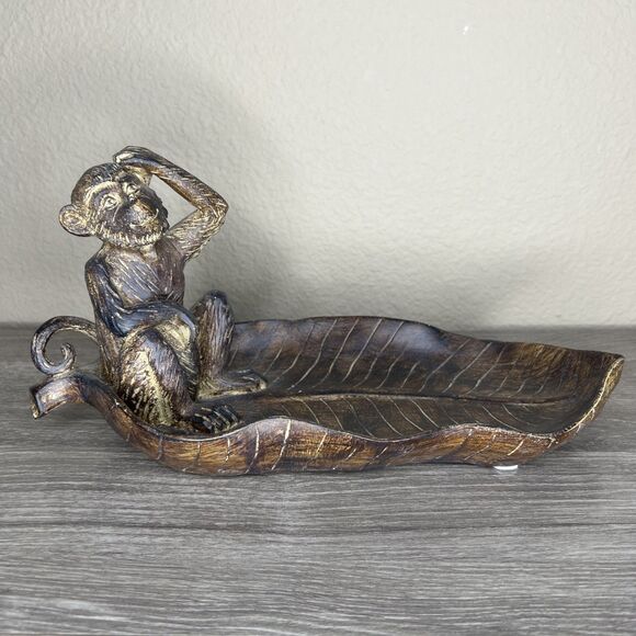 Zen Monkey Sitting On A Banana Leaf Bowl Trinket Dish Resin 12" Wood Look - Picture 1 of 8